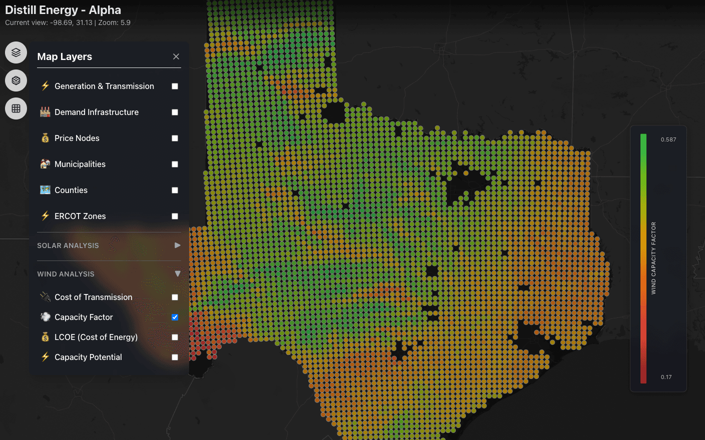 Distill product UI showing capacity factor heatmap across ERCOT